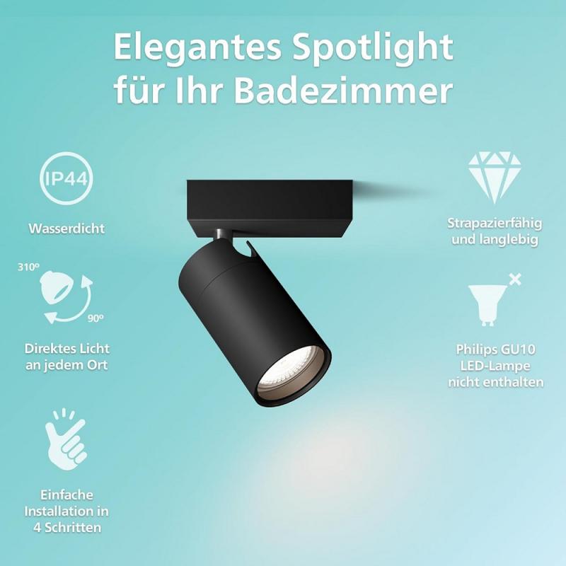 Philips 1er Idris Decken-/Wandspot in Schwarz IP44 - Badezimmer geeignet, dimmbar mit 1 x GU10 Fassung