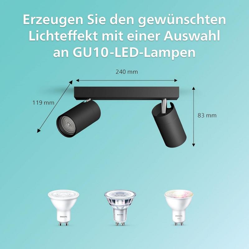 Philips 2er Idris Decken-/Wandspot in Schwarz IP44 - Badezimmer geeignet, dimmbar mit 2 x GU10 Fassung