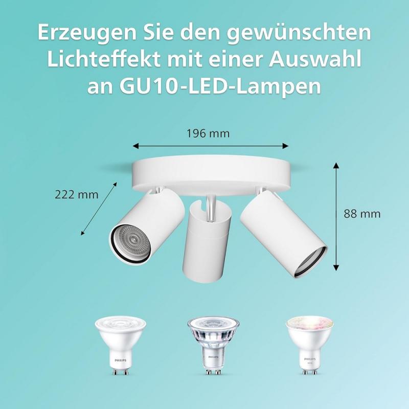 Philips 3er Deckenstrahler Idris in Weiß IP44 - Badezimmer geeignet, dimmbar mit 3 x GU10 Fassung