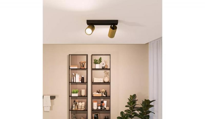 Philips 2er Idris Decken-/Wandspot in Schwarz/Gold IP44 - Badezimmer geeignet, dimmbar mit 2 x GU10 Fassung