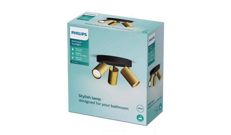 Philips 3er Deckenstrahler Idris in Schwarz/Gold IP44 - Badezimmer geeignet, dimmbar mit 3 x GU10 Fassung
