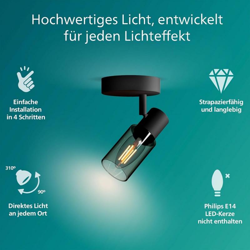 Philips 1er Palms Decken-/Wandspot in Schwarz IP20 - E14 Fassung - aus Glas und Metall