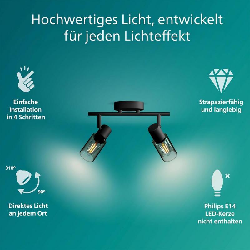 Philips 2er Palms Decken-/Wandspot in Schwarz IP20 - E14 Fassung - aus Glas und Metall