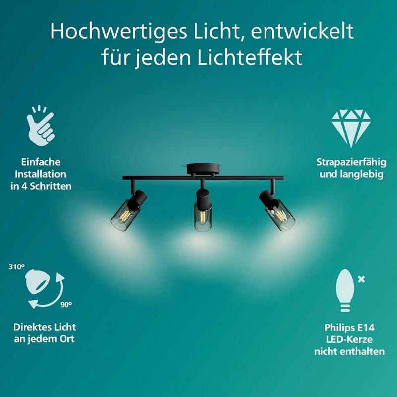 Philips 4er Palms Deckenstrahler in Schwarz IP20 - E14 Fassung - aus Glas und Metall