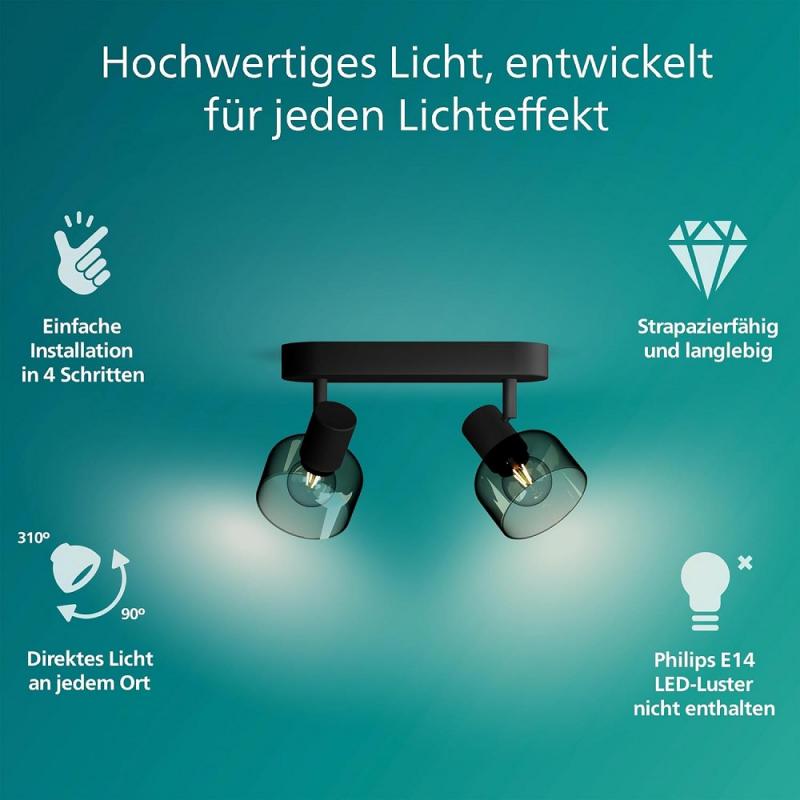 Philips 2er Sleet Decken-/Wandspot in Schwarz IP20 - E14 Fassung - aus Glas und Metall