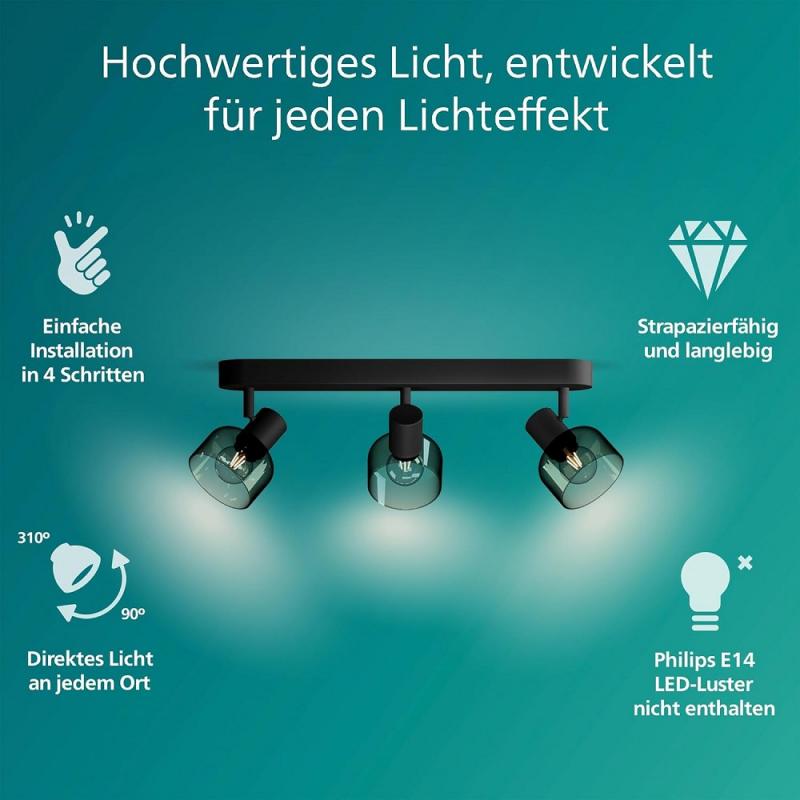 Philips 3er Sleet Deckenstrahler in Schwarz IP20 - E14 Fassung - aus Glas und Metall
