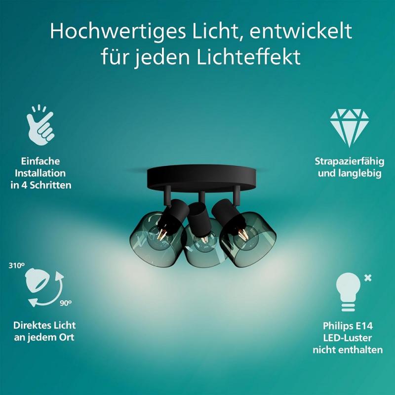 Philips 3er Sleet Deckenstrahler in Schwarz IP20 - E14 Fassung - aus Glas und Metall