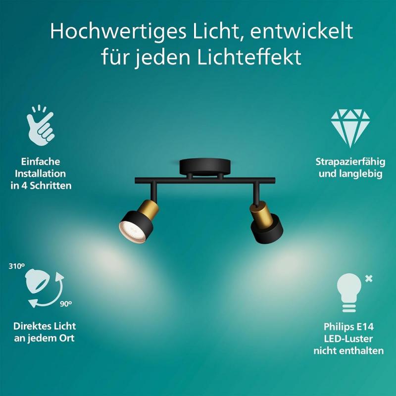 Philips 2er Conduit Decken-/Wandspot in Schwarz/Gold mit 1 x GU10 Fassung IP20