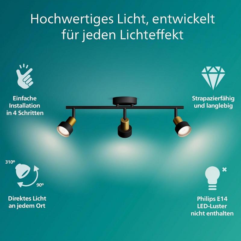 Philips 3er Conduit Decken-/Wandspot in Schwarz/Gold mit 1 x GU10 Fassung IP20
