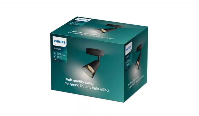 Philips 1er Cleft Decken-/Wandspot in Schwarz IP20 - GU10 Fassung - aus Glas und Metall