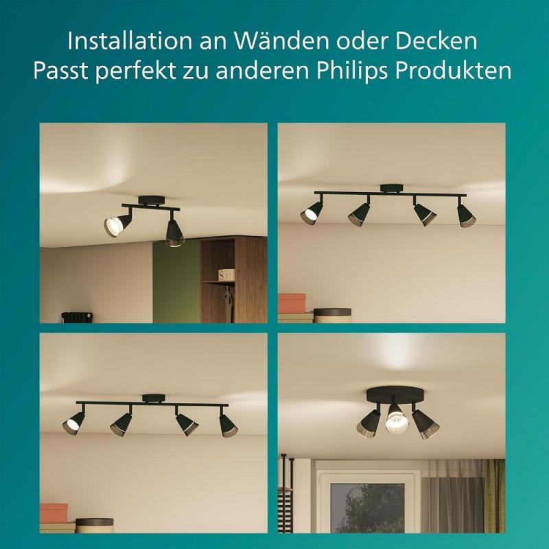 Philips 3er Cleft Decken-/Wandspot in Schwarz IP20 - GU10 Fassung - aus Glas und Metall