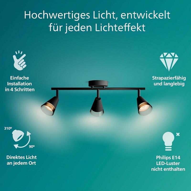 Philips 3er Cleft Decken-/Wandspot in Schwarz IP20 - GU10 Fassung - aus Glas und Metall