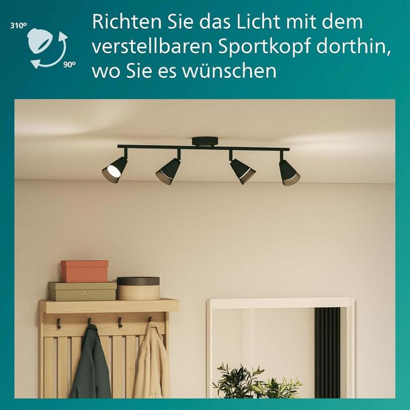 Philips 4er Cleft Decken-/Wandspot in Schwarz IP20 - GU10 Fassung - aus Glas und Metall