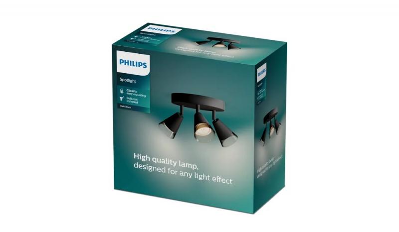 Philips 3er Cleft Decken-/Wandspot in Schwarz IP20 - GU10 Fassung - aus Glas und Metall