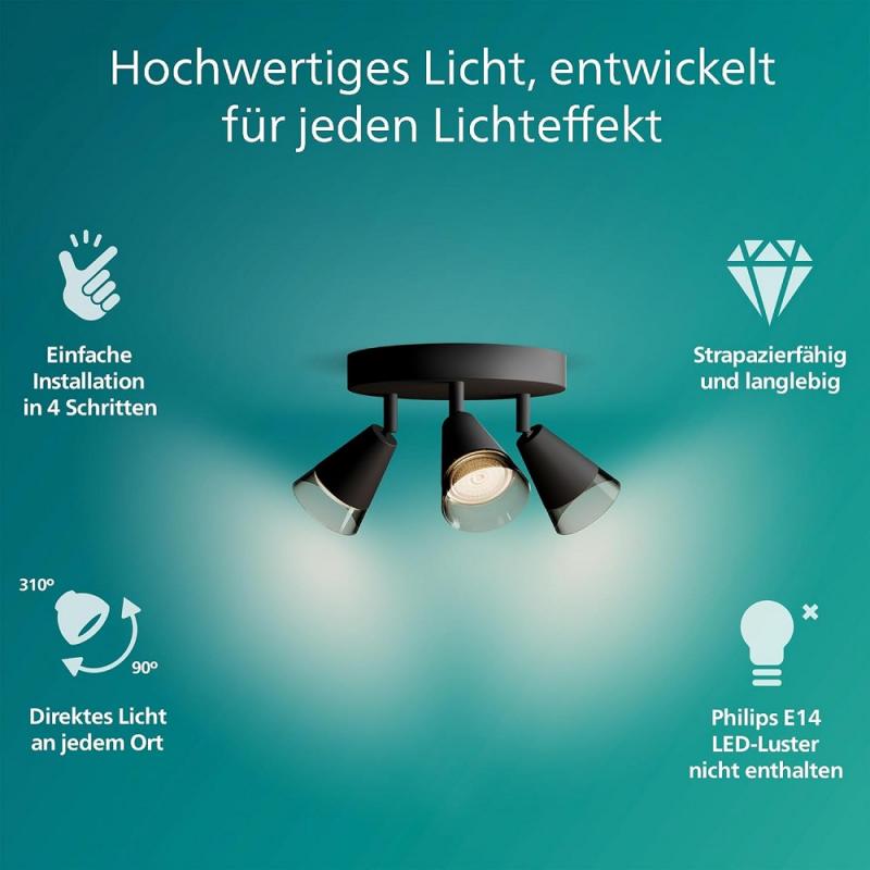 Philips 3er Cleft Decken-/Wandspot in Schwarz IP20 - GU10 Fassung - aus Glas und Metall