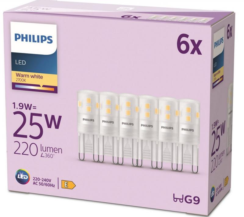 6er Set PHILIPS LED G9 Capsule 1,9W = 25W 220lm 2700K extra warmweiß