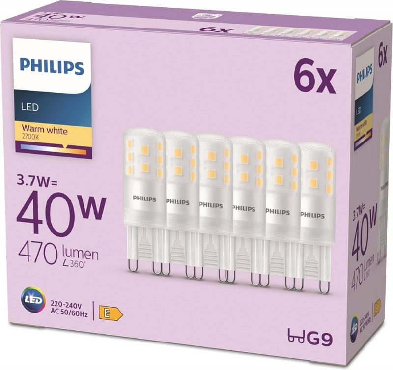 6er Set PHILIPS LED G9 Kapsel 3,7W = 40W 470lm 2700K extra warmweiß
