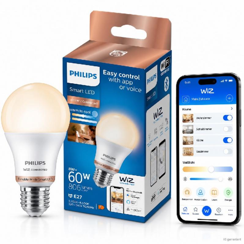 PHILIPS WiZ Smart LED A60 E27 8W wie 60W 806lm 2700–6500K dimmbar Matter