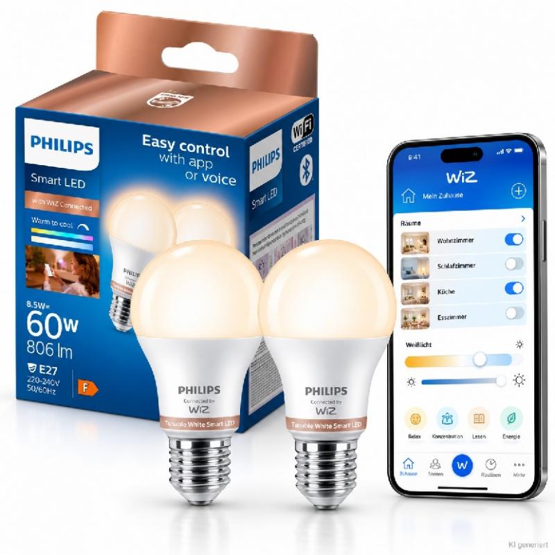 2er-Pack PHILIPS WiZ Smart LED A60 8W wie 60W E27 806lm Tunable White 2200–6500K dimmbar WLAN Bluetooth Matter