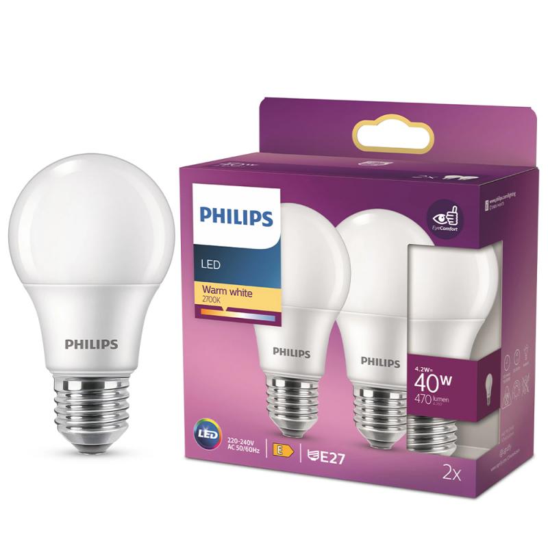 2er Sparset PHILIPS E27 LED Lampen in Glühbirnenform weiß satiniert 4.2W wie 40W warmweiss