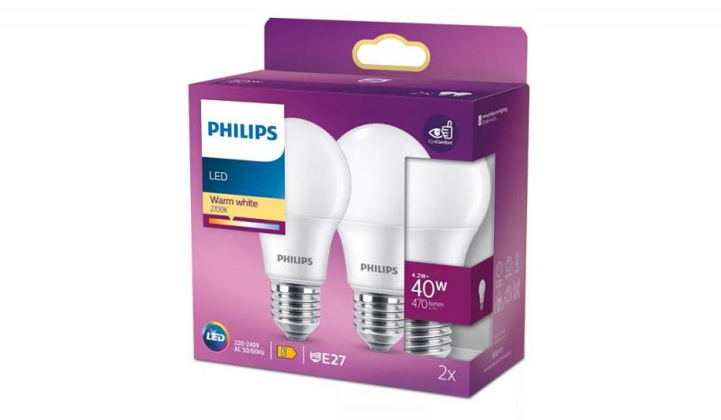 2er Sparset PHILIPS E27 LED Lampen in Glühbirnenform weiß satiniert 4.2W wie 40W warmweiss