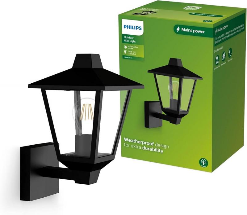 Philips Wandleuchte Kinno in Schwarz mit E27 Fassung IP44