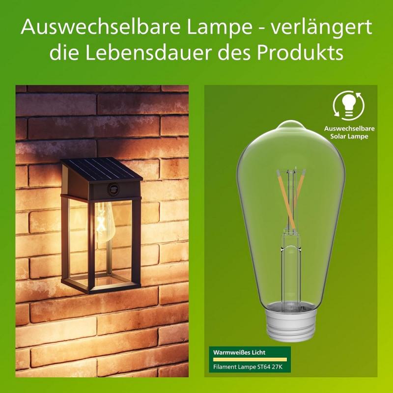 Philips Solar Wandleuchte Geri Ultra Efficient in Schwarz mit Bewegungssensor & warmweißes Licht IP44