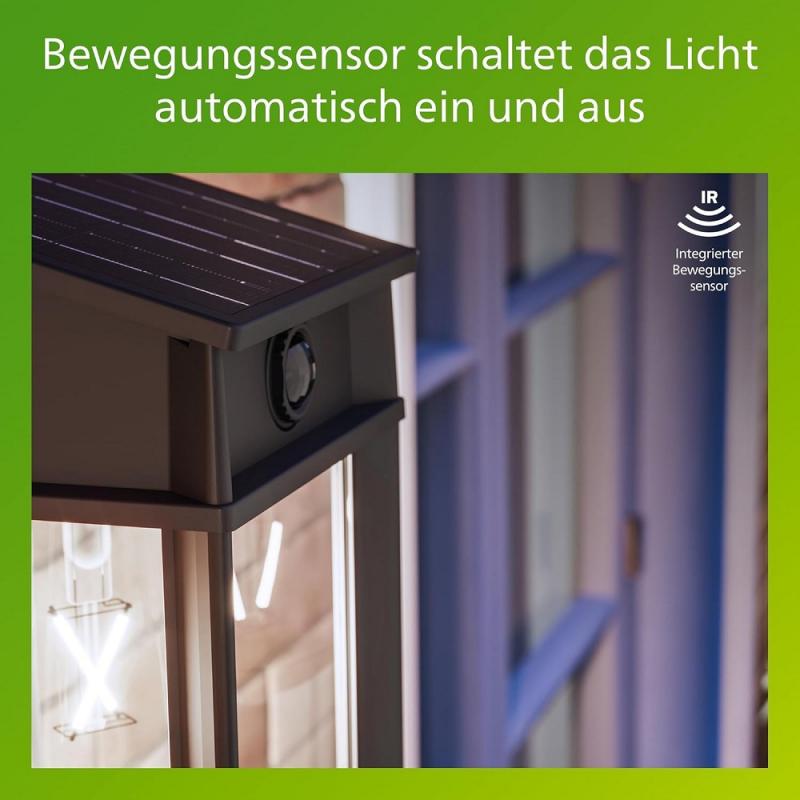 Philips Geri Solar-Wandleuchte Ultra Efficient für den Außenbereich Schwarz - austauschbare Solarlampe, Bewegungssensor, 4000K neutralweißes Licht