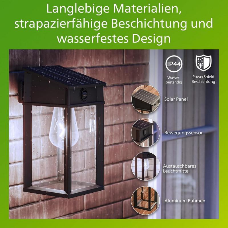 Philips Geri Solar-Wandleuchte Ultra Efficient für den Außenbereich Schwarz - austauschbare Solarlampe, Bewegungssensor, 4000K neutralweißes Licht