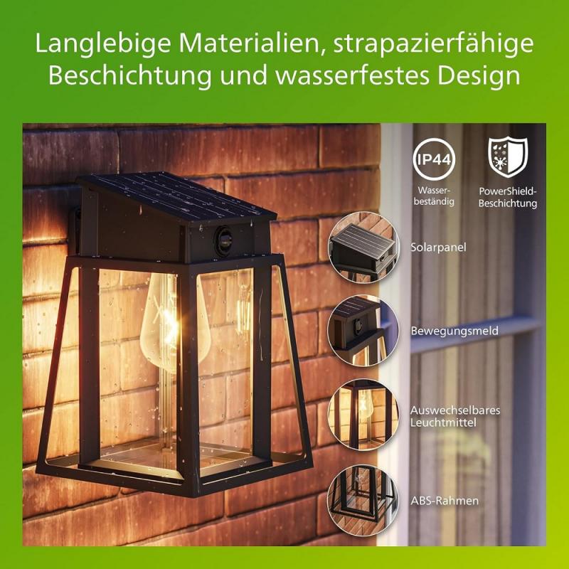 Philips Solar Wandleuchte Lysin in Schwarz mit Bewegungssensor UltraEfficient in klassischer Laternenform - 2700K warmweißes Licht, austauschbare Solarlampe