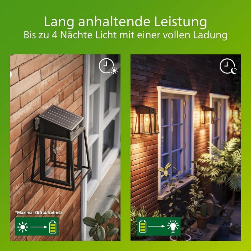 Philips Solar Wandleuchte Lysin in Schwarz mit Bewegungssensor UltraEfficient in klassischer Laternenform - 2700K warmweißes Licht, austauschbare Solarlampe