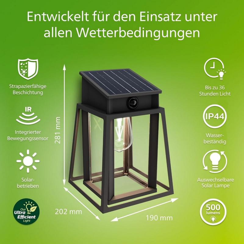 Philips Wandleuchte Lysin für den Außenbereich UltraEfficient Solar Schwarz - austauschbare Solarlampe, Bewegungssensor, 4000K neutralweißes Licht