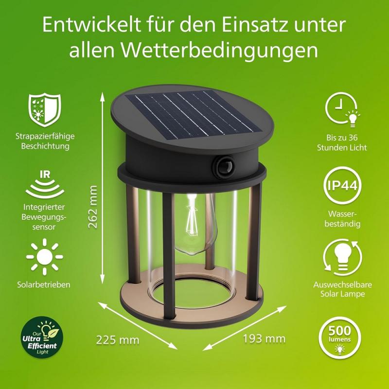 Philips Solar Außenwandleuchte Geri mit Bewegungsmelder Ultra Efficient Schwarz neutralweißes Licht IP44 - austauschbare Solarlampe