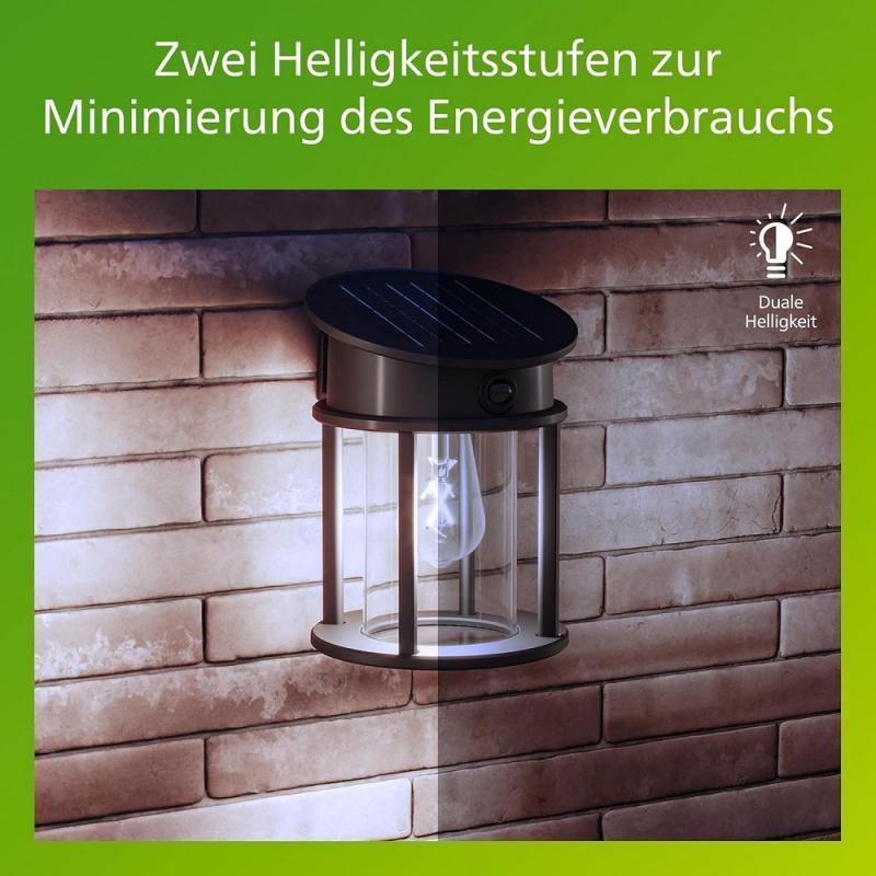 Philips Solar Außenwandleuchte Geri mit Bewegungsmelder Ultra Efficient Schwarz neutralweißes Licht IP44 - austauschbare Solarlampe