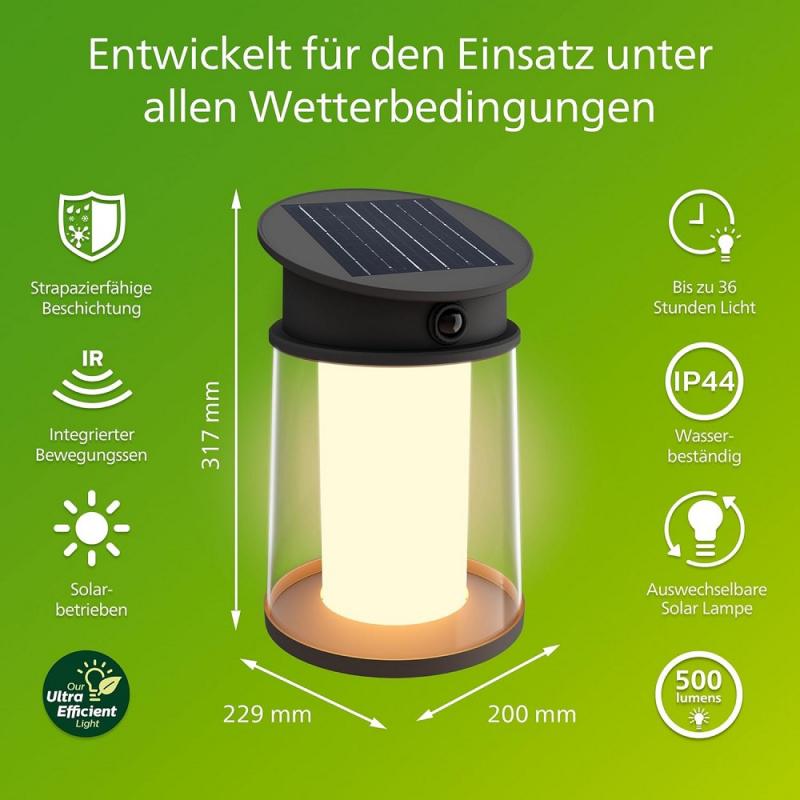 Philips UltraEffiziente Solar-Wandleuchte für den Außenbereich mit austauschbarer Solarlampe & Bewegungssensor, warmweißes Licht, Schwarz