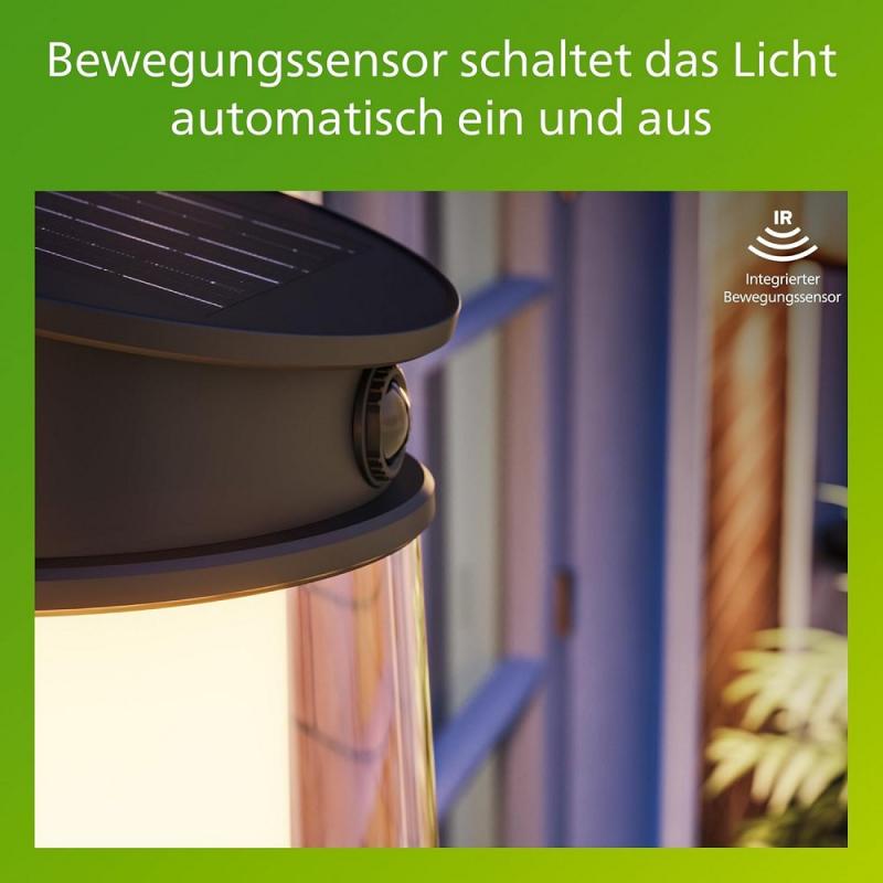 Philips UltraEffiziente Solar-Wandleuchte für den Außenbereich mit austauschbarer Solarlampe & Bewegungssensor, warmweißes Licht, Schwarz