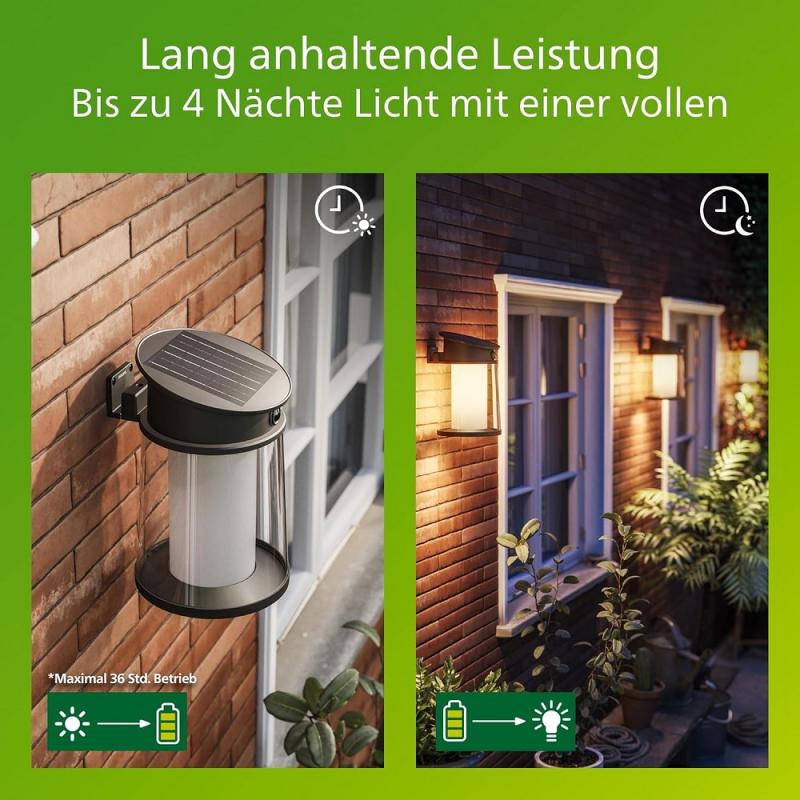 Philips UltraEffiziente Solar-Wandleuchte für den Außenbereich mit austauschbarer Solarlampe & Bewegungssensor, warmweißes Licht, Schwarz
