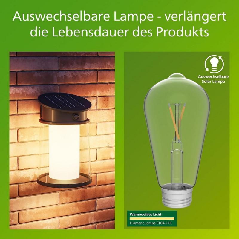 Philips UltraEffiziente Solar-Wandleuchte für den Außenbereich mit austauschbarer Solarlampe & Bewegungssensor, warmweißes Licht, Schwarz