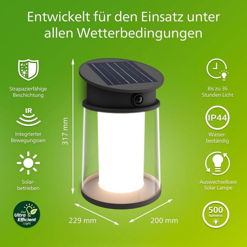 Philips Solar Wandleuchte Juda in Schwarz mit Bewegungsmelder neutralweißes Licht IP44
