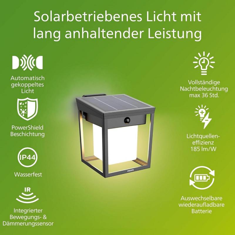 Philips Outdoor Ultra-Efficient Solar Wandleuchte Blaise anthrazit 1.5W, Linkable Funktion, Tageslicht- und Bewegungssensor, 3000 Kelvin, IP44