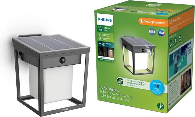 Philips Outdoor Ultra-Efficient Solar Wandleuchte Blaise anthrazit 1.5W, Linkable Funktion, Tageslicht- und Bewegungssensor, 3000 Kelvin, IP44