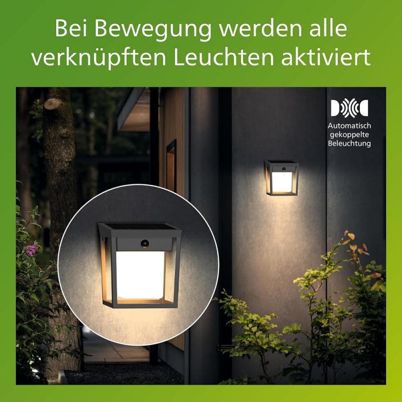 Philips Outdoor Ultra-Efficient Solar Wandleuchte Blaise anthrazit 1.5W, Linkable Funktion, Tageslicht- und Bewegungssensor, 3000 Kelvin, IP44