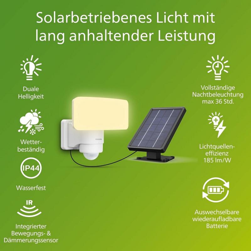 Philips Tylus ultraeffiziente Solar-Sicherheitsleuchte für den Außenbereich mit Sensor, 3000K warmweißes Licht, Weiß