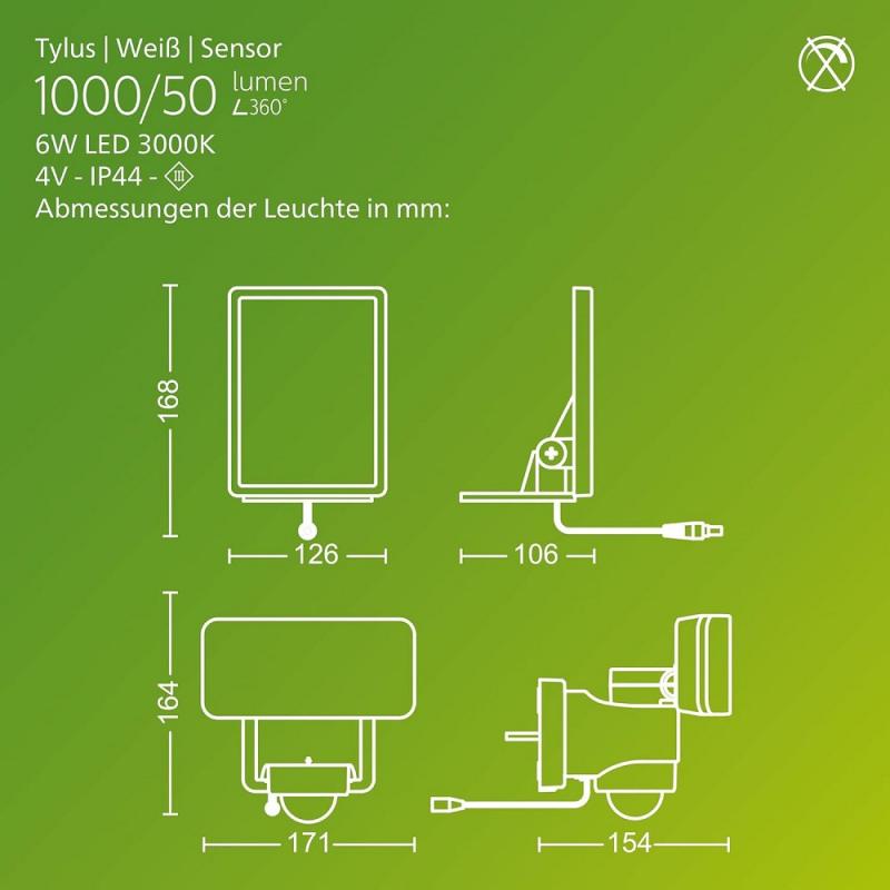 Philips Tylus ultraeffiziente Solar-Sicherheitsleuchte für den Außenbereich mit Sensor, 3000K warmweißes Licht, Weiß