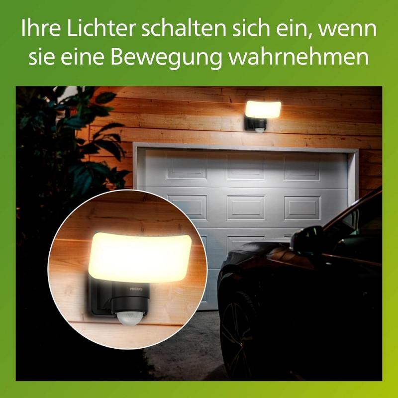 Philips ultraeffiziente Solar-Sicherheitsleuchte Tylus für den Außenbereich mit Sensor, warmweißes Licht, Schwarz