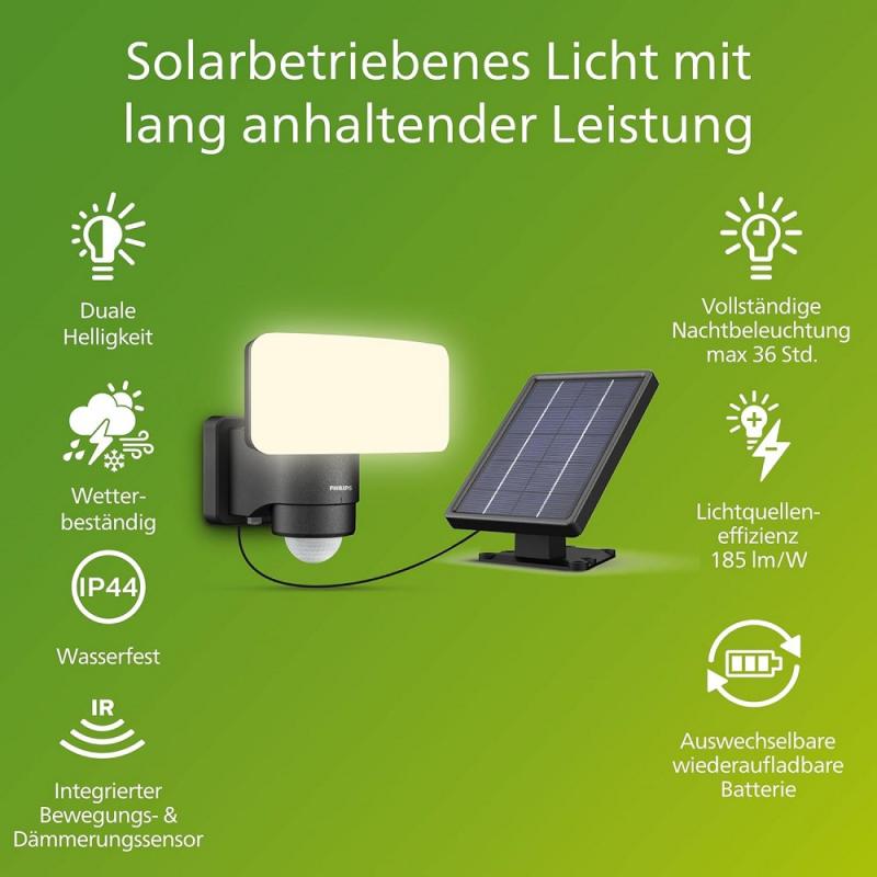 Philips Wandleuchte Tylus Solar-Sicherheitsleuchte für den Außenbereich mit Sensor in Schwarz - Tagelslichtweißes Licht