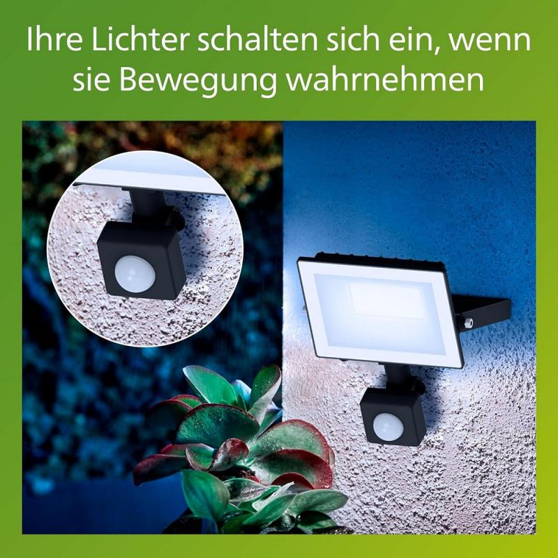 Philips Lois Flutlichtstrahler mit Sensor für den Außenbereich - 20 Watt, 5000K Tageslicht, Schwarz