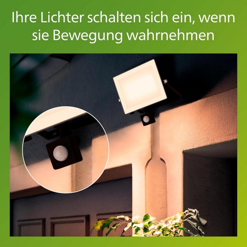 Philips Lois Flutlichtstrahler mit Sensor für den Außenbereich - 50 Watt, 3000K weißes Licht, Schwarz, Tageslicht