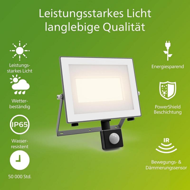 Philips Lois ultraeffizienter Flutlichtstrahler mit Dämmerungssensor für den Außenbereich - 3000K warmweißes Licht, Anthrazit