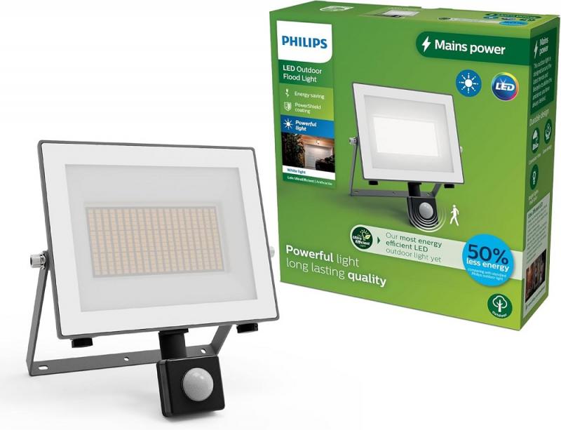 Philips Lois ultraeffizienter Flutlichtstrahler mit Dämmerungssensor für den Außenbereich - 3000K warmweißes Licht, Anthrazit